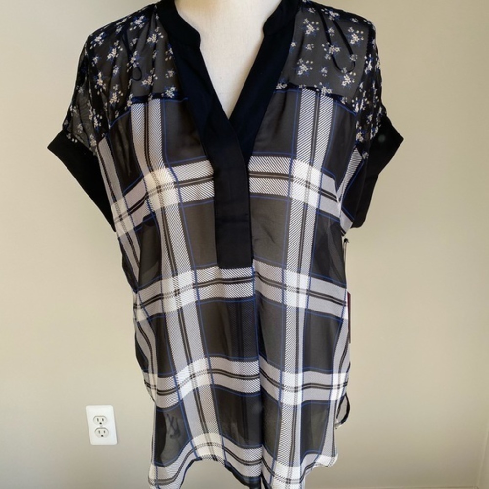 Vince Camuto Sheer Plaid & Floral Blouse